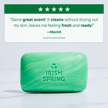 Irish Spring deodorant soap bar, bright green, single bar on countertop.