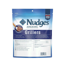 Blue Nudges Grillers dog treat bag back panel with serving and ingredient details