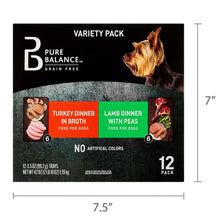 Pure Balance grain-free variety pack box front with Turkey and Lamb tray options, 12-pack