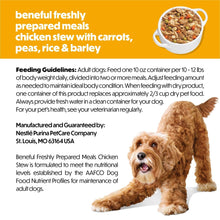 Purina Beneful chicken stew feeding guidelines panel with a dog and portion bowl