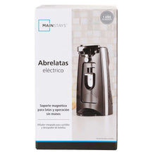Electric can opener and bottle opener, black countertop appliance shown in retail box