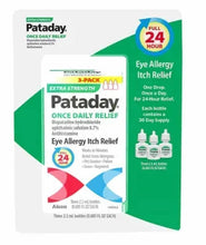 Pataday once-daily extra strength eye drops, 3-pack for allergy itch relief.