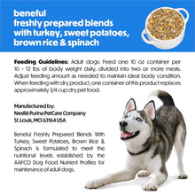 Wet dog food feeding guidelines card with illustrated adult husky dog