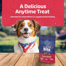 Blue Buffalo Bits chicken recipe pouch with smiling dog wearing a patriotic bandana
