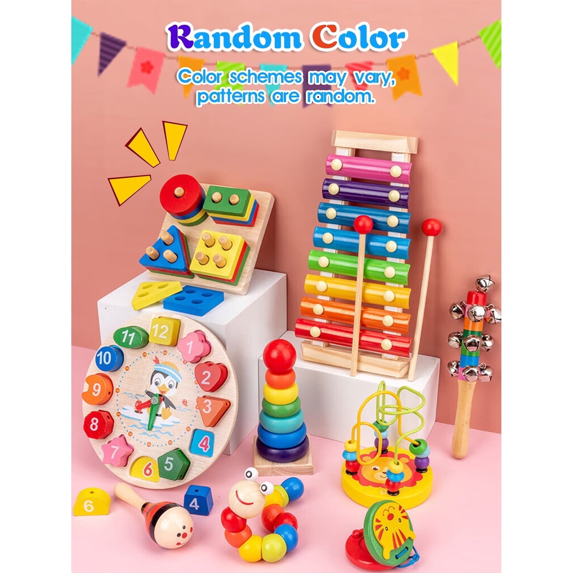 9-Piece Wooden Toddler Learning Set – Montessori Musical & Educational Toys with Xylophone, Bell Stick, Maracas, Castanets, Bead Maze, Shape Sorter, Stacking Rings & Clock (Ages 1-3)