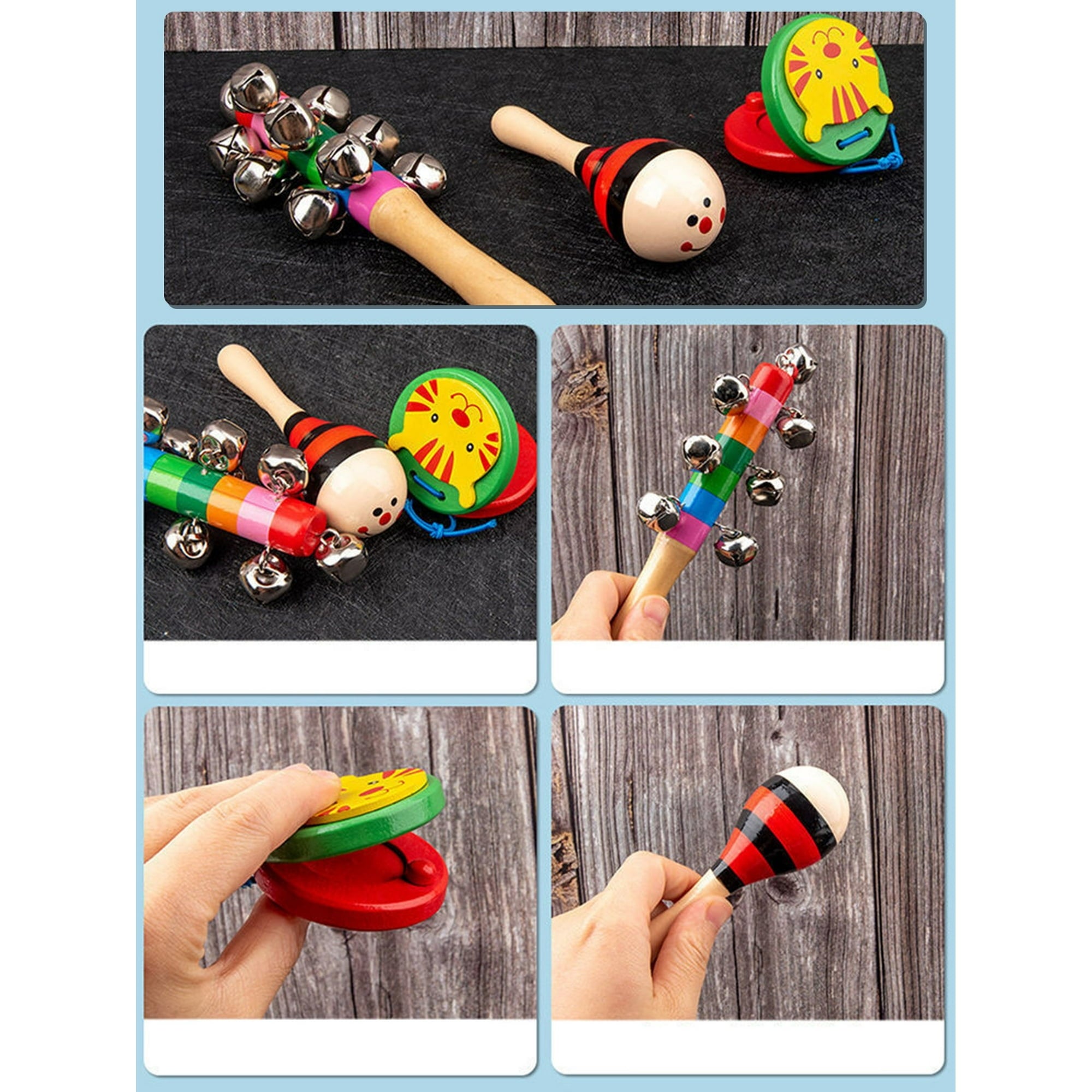9-Piece Wooden Toddler Learning Set – Montessori Musical & Educational Toys with Xylophone, Bell Stick, Maracas, Castanets, Bead Maze, Shape Sorter, Stacking Rings & Clock (Ages 1-3)