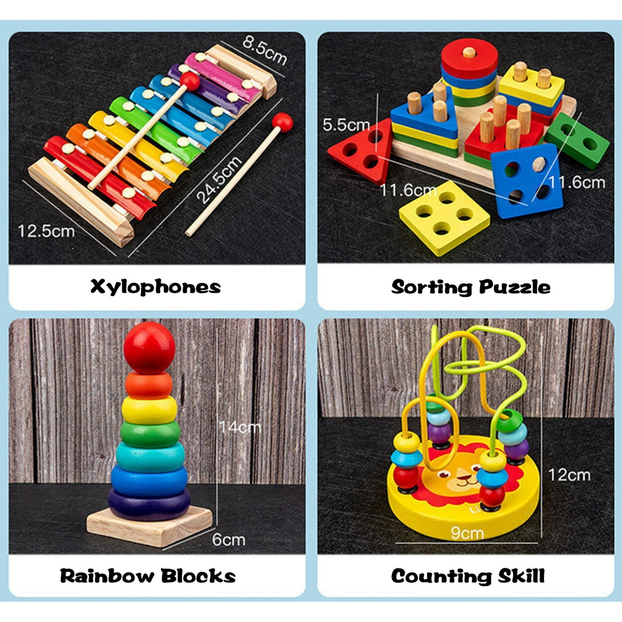 9-Piece Wooden Toddler Learning Set – Montessori Musical & Educational Toys with Xylophone, Bell Stick, Maracas, Castanets, Bead Maze, Shape Sorter, Stacking Rings & Clock (Ages 1-3)