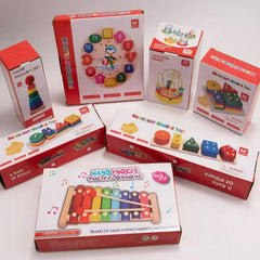 9-Piece Wooden Toddler Learning Set – Montessori Musical & Educational Toys with Xylophone, Bell Stick, Maracas, Castanets, Bead Maze, Shape Sorter, Stacking Rings & Clock (Ages 1-3)