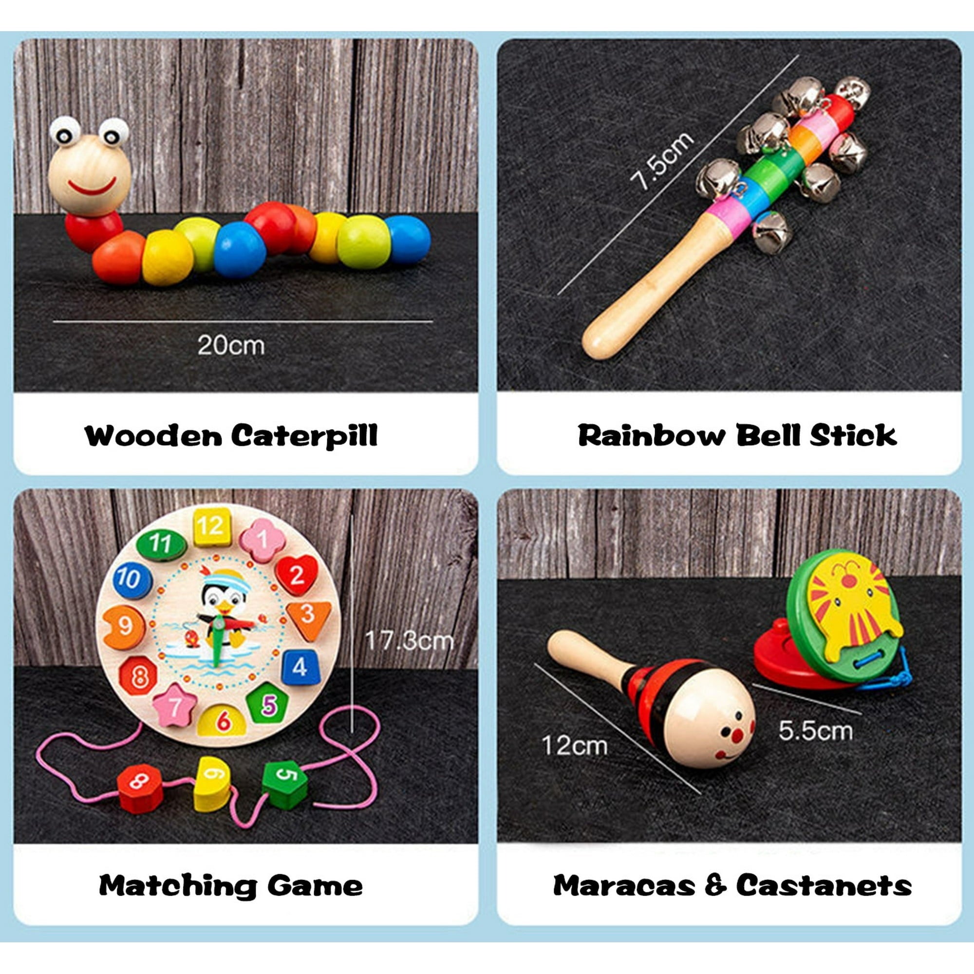 9-Piece Wooden Toddler Learning Set – Montessori Musical & Educational Toys with Xylophone, Bell Stick, Maracas, Castanets, Bead Maze, Shape Sorter, Stacking Rings & Clock (Ages 1-3)