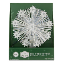 LED tree topper star in silver tinsel on green gift box packaging