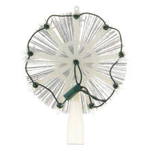 9-point star LED tree topper, silver tinsel with green cord lights and white pole