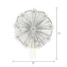 9-point star LED tree topper, silver tinsel with white pole; 8 in wide, 11 in tall
