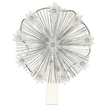 9-point star LED tree topper, silver tinsel with white base pole