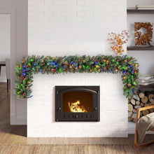 Pre-lit artificial greenery garland with multicolor LED lights and pinecone accents
