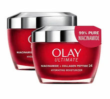 Hydrating moisturizer jar, red with silver lid; OLAY Ultimate Niacinamide + Collagen Peptide 24