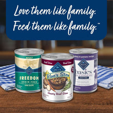 Wet dog food can variety set: Freedom grain, Blue's Stew, and BLUE Basics