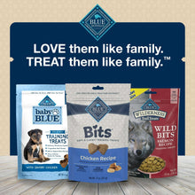 Assorted Blue dog treat packs featuring Blue Bits chicken recipe bag