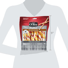 Ol'Roy dog treat bag shown on torso with 9 inch size guide
