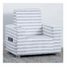 Striped upholstered kids armchair with side cup holder, sloped arms, and block legs