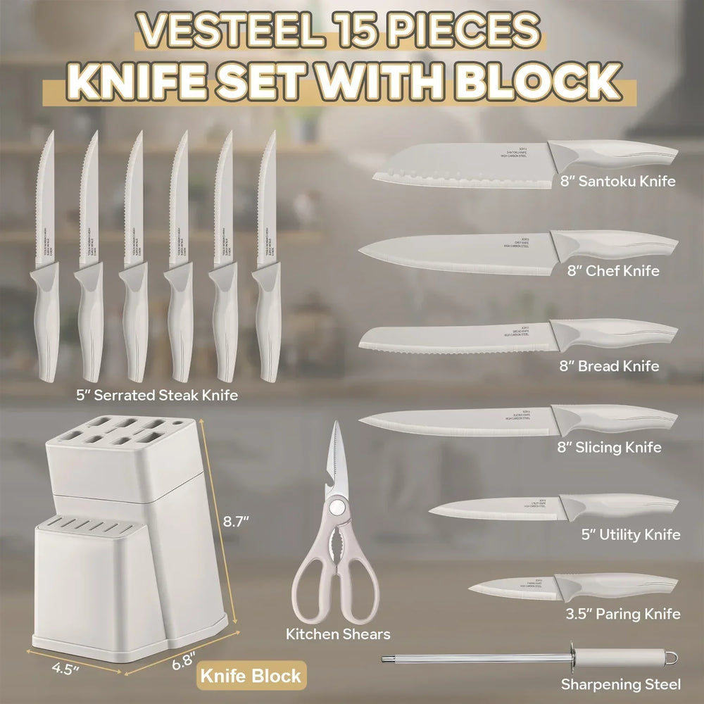 Vesteel Knife Set for Kitchen with Block, 15 Pcs High Carbon Stainless Steel Kitchen Knife Set with Self Sharpening - USA MEGA SHOP