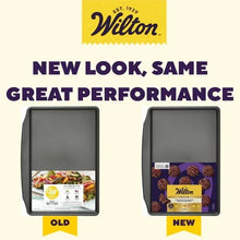 Rectangular non-stick baking tray packaging comparison graphic with old and new views.