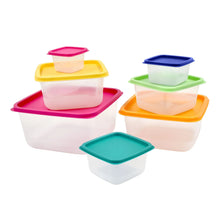 Set of plastic food storage containers with assorted color lids and white bases