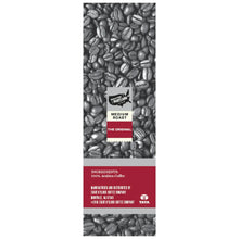 Medium roast whole bean coffee bag, red label on bean pattern
