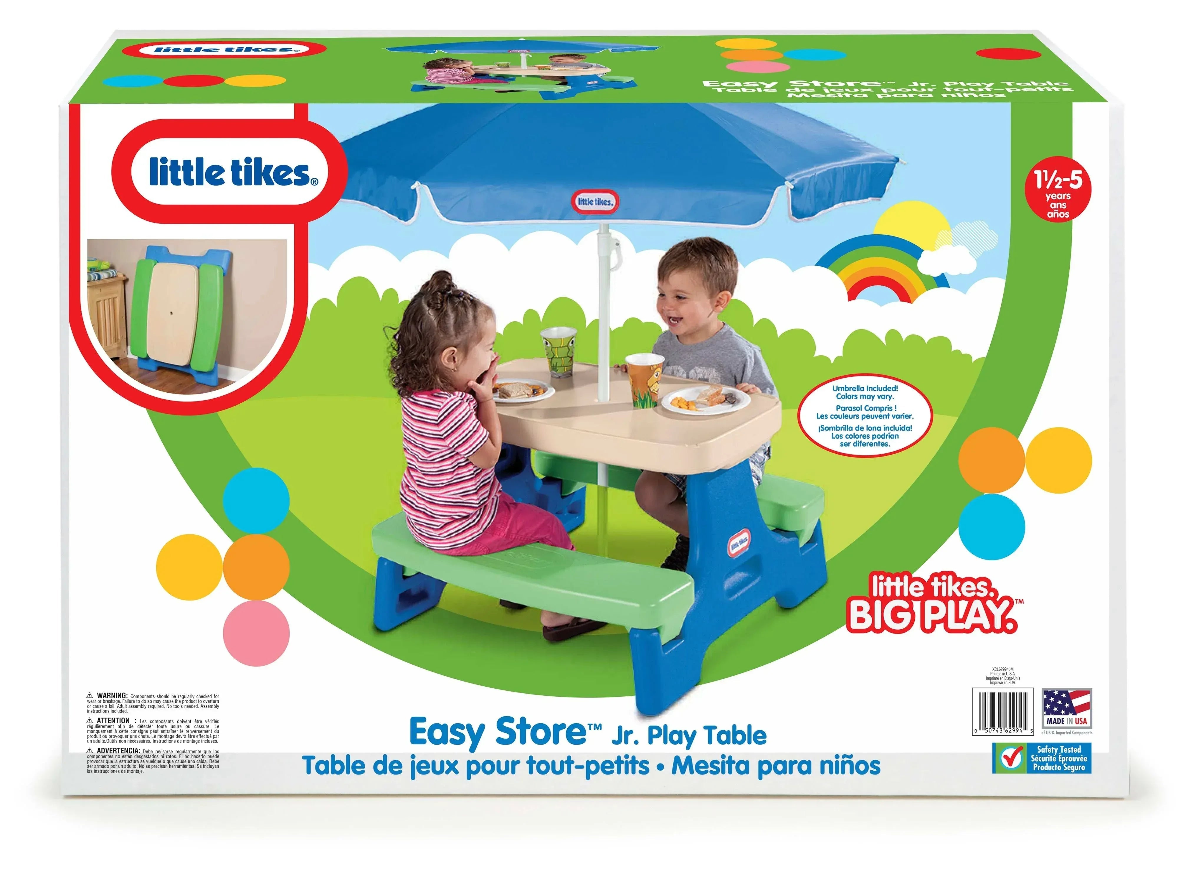 Little Tikes Outdoor Portable Kids Picnic Table with Umbrella, Blue Green, Ages 2+