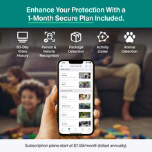 Hand holding smartphone showing security camera coverage plan and feature icons