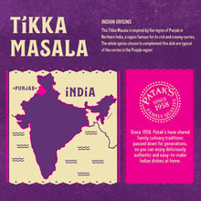 Tikka masala informational graphic with map and Patak's since 1958 badge