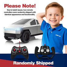 RC pickup truck with LED light bar; child holding black-and-blue remote controller.