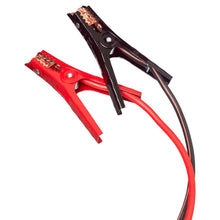 Booster cable clamp pair with red insulated leads and black cable jackets