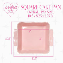 Pink ceramic square baking dish with bow handles, with size illustration