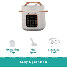 Speckled white pressure cooker with touch panel, measuring cup, meal spoon, rack