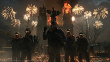 PS5 action game screenshot of armored characters with fireworks in the distance