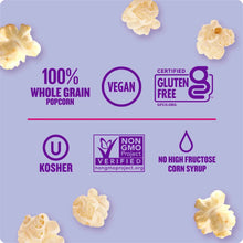 Kettle corn bag panel with vegan, gluten-free, kosher, and non-GMO icons