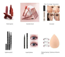 Makeup accessory set with matte lipstick, liquid eyeliner, concealer, brow pencil, and sponge