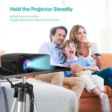 Projector on tripod stand with black top tray and silver telescoping legs