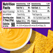 Nutrition Facts panel beside queso dip bowl and tortilla chips