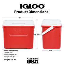 Red ice chest cooler with white lid and swing handle, front and side view