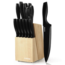 Black ceramic-coated knife set in a wooden block, with a large chef knife
