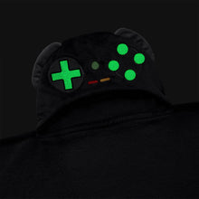 Black gamer hooded throw with green controller buttons on the hood