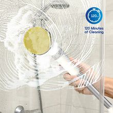 Electric spin scrubber brush with white foamy cleaning on tile and glass