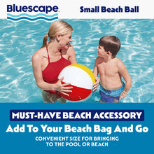 Inflatable beach ball with red, white, and yellow panels and blue valve