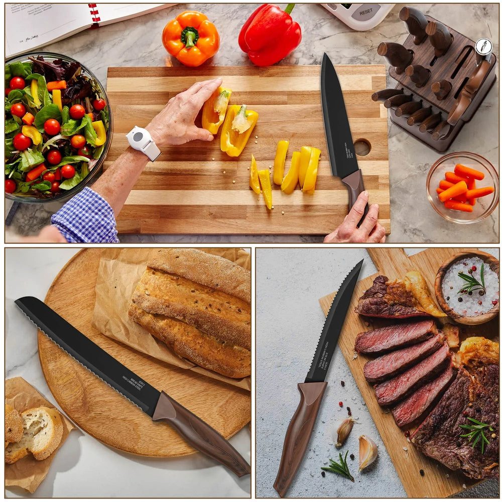 Vesteel Knife Set for Kitchen with Block, 15 Pcs High Carbon Stainless Steel Kitchen Knife Set with Self Sharpening - USA MEGA SHOP