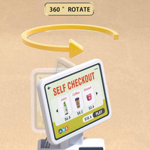 Self checkout display stand with rotating screen for kids cash register play