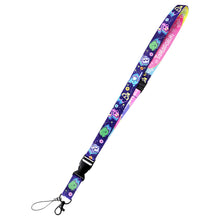 Purple character lanyard with black breakaway clip and round keychain charm