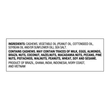Ingredients label listing cashews and vegetable oils, with allergen advisory