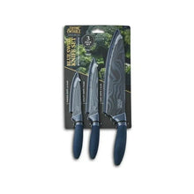 3-piece knife set blister pack with blue swirl blades and protective sheaths