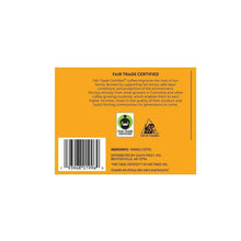 Light roast coffee pods box back with Fair Trade label and barcode
